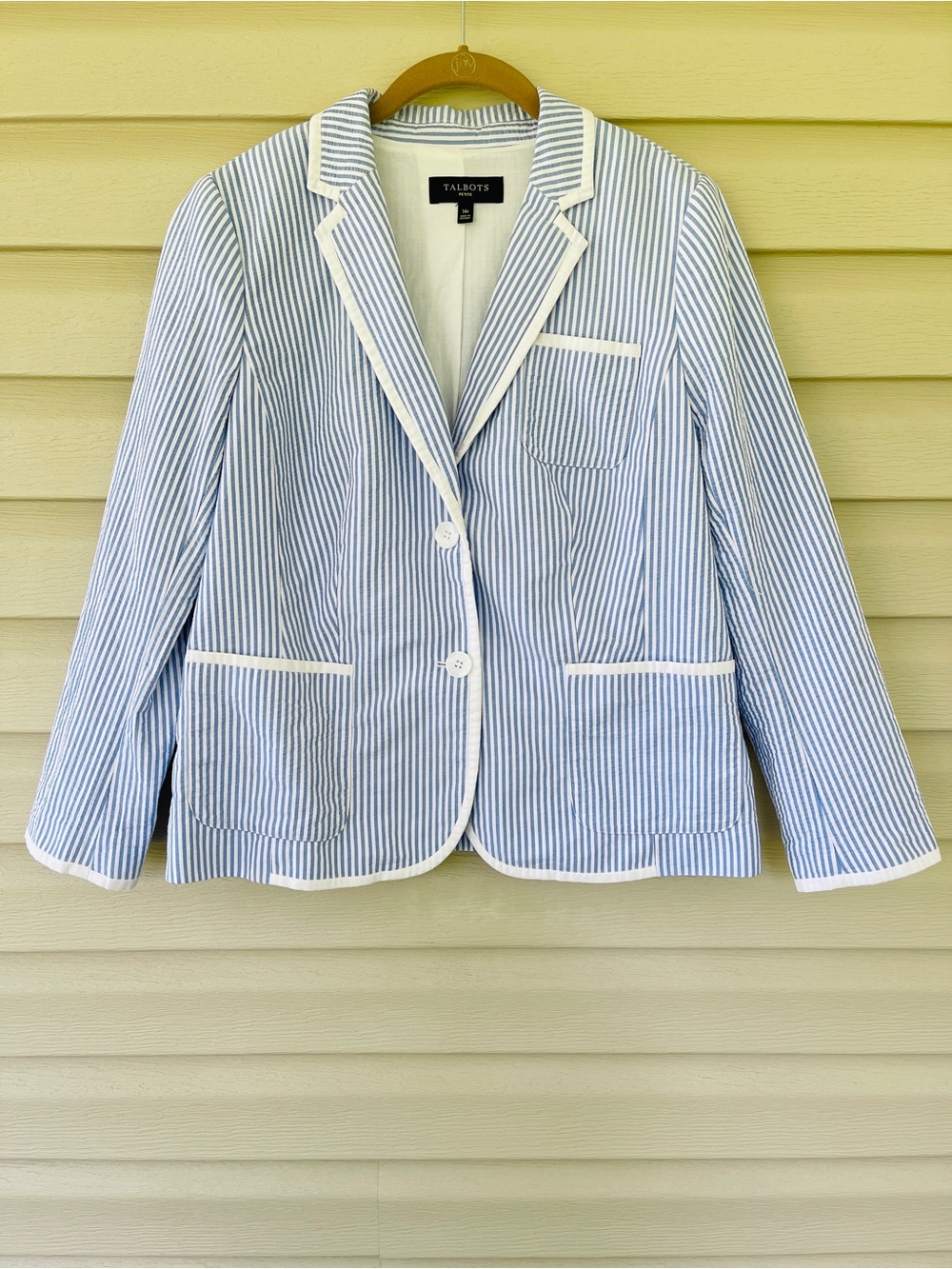 Talbots Women’s Blue & White Seersucker Jacket Size 14 Petite